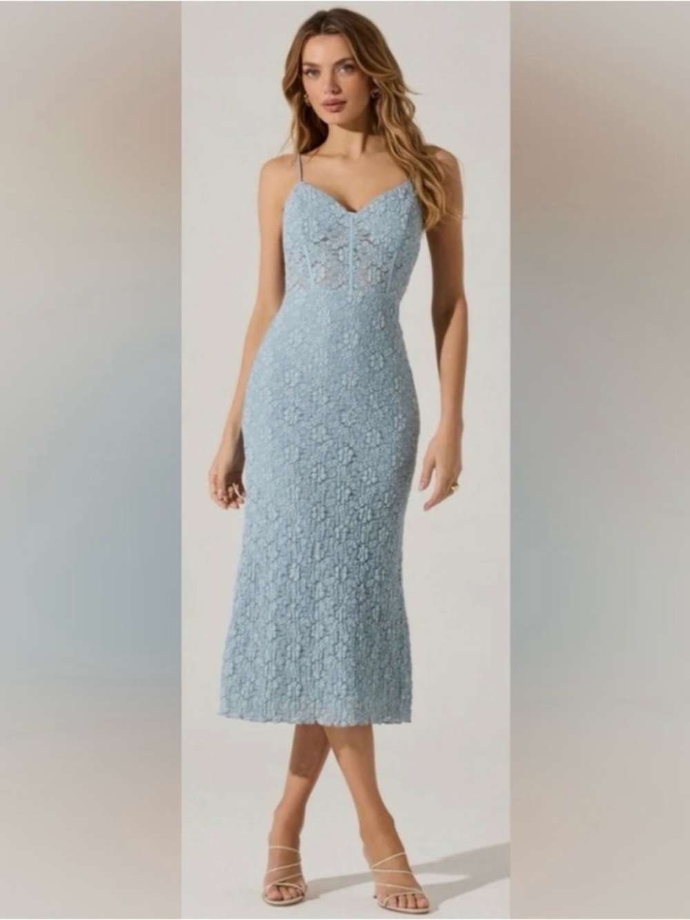 Astr The Label Dusty Blue Lace Midi Dress, new